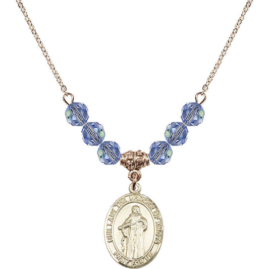 14kt Gold Filled Our Lady the Undoer of Knots Birthstone Necklace with Light Sapphire Beads - 8383