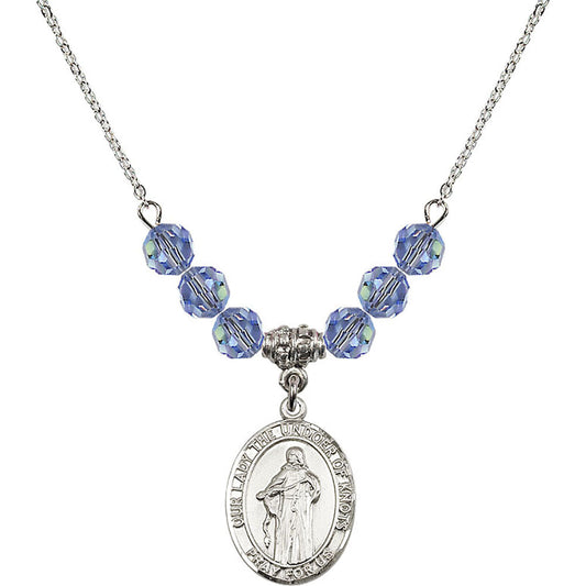 Sterling Silver Our Lady the Undoer of Knots Birthstone Necklace with Light Sapphire Beads - 8383