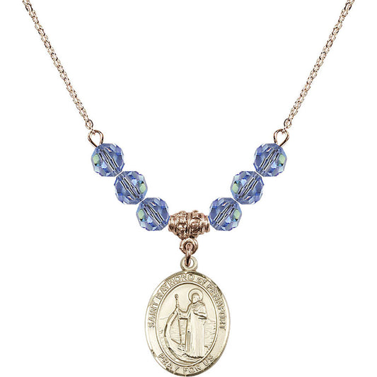 14kt Gold Filled Saint Raymond of Penafort Birthstone Necklace with Light Sapphire Beads - 8385