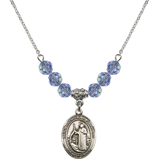 Sterling Silver Saint Raymond of Penafort Birthstone Necklace with Light Sapphire Beads - 8385