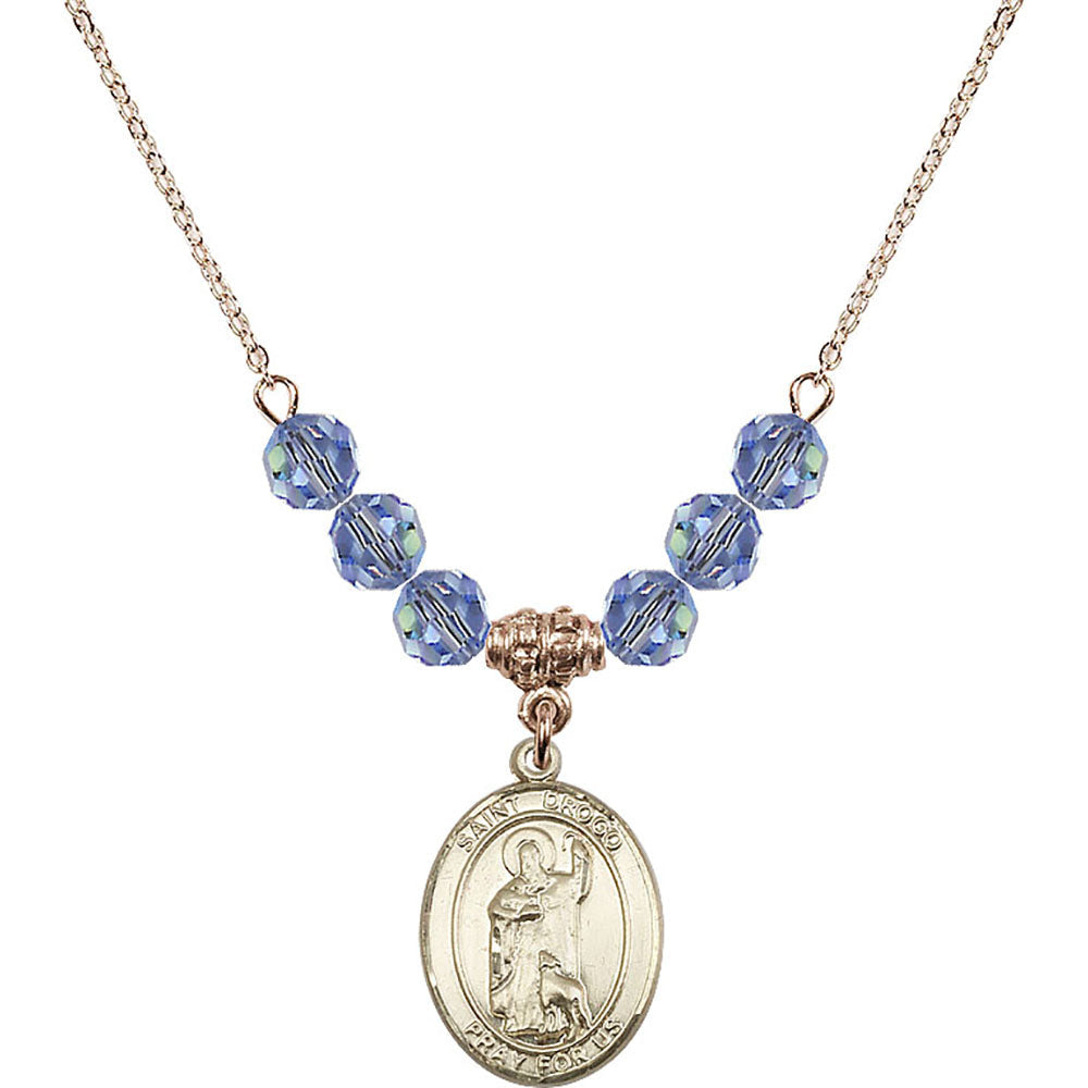 14kt Gold Filled Saint Drogo Birthstone Necklace with Light Sapphire Beads - 8386