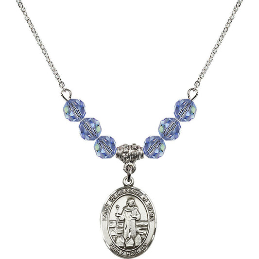 Sterling Silver Saint Bernadine of Sienna Birthstone Necklace with Light Sapphire Beads - 8387