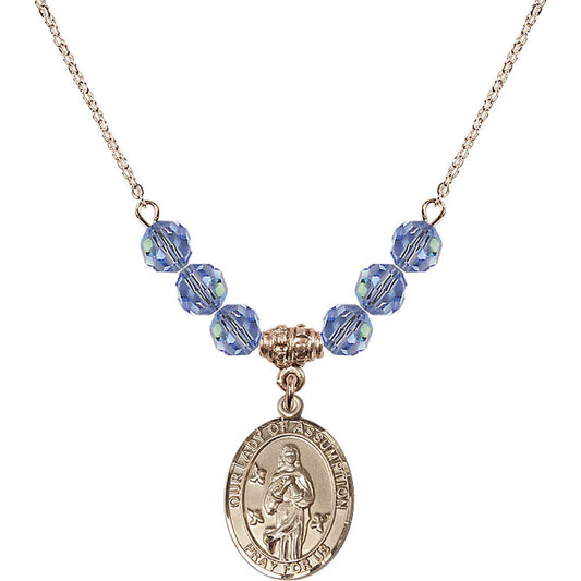 14kt Gold Filled Our Lady of Assumption Birthstone Necklace with Light Sapphire Beads - 8388