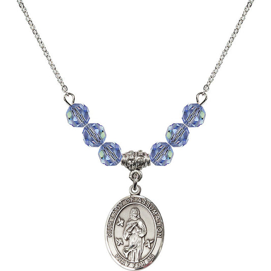 Sterling Silver Our Lady of Assumption Birthstone Necklace with Light Sapphire Beads - 8388