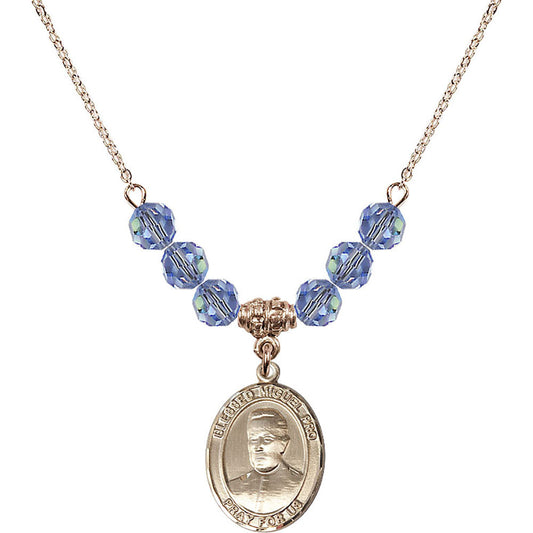 14kt Gold Filled Blessed Miguel Pro Birthstone Necklace with Light Sapphire Beads - 8389
