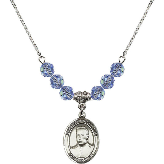 Sterling Silver Blessed Miguel Pro Birthstone Necklace with Light Sapphire Beads - 8389