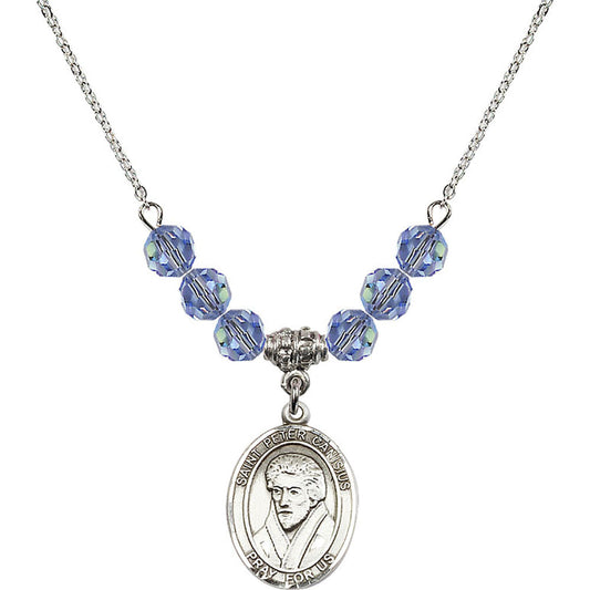 Sterling Silver Saint Peter Canisius Birthstone Necklace with Light Sapphire Beads - 8393