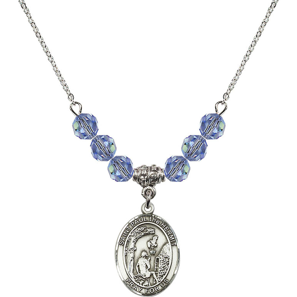 Sterling Silver Saint Paul the Hermit Birthstone Necklace with Light Sapphire Beads - 8394
