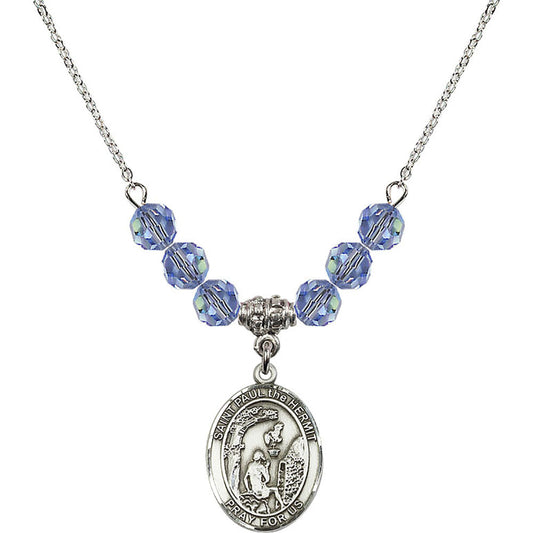 Sterling Silver Saint Paul the Hermit Birthstone Necklace with Light Sapphire Beads - 8394