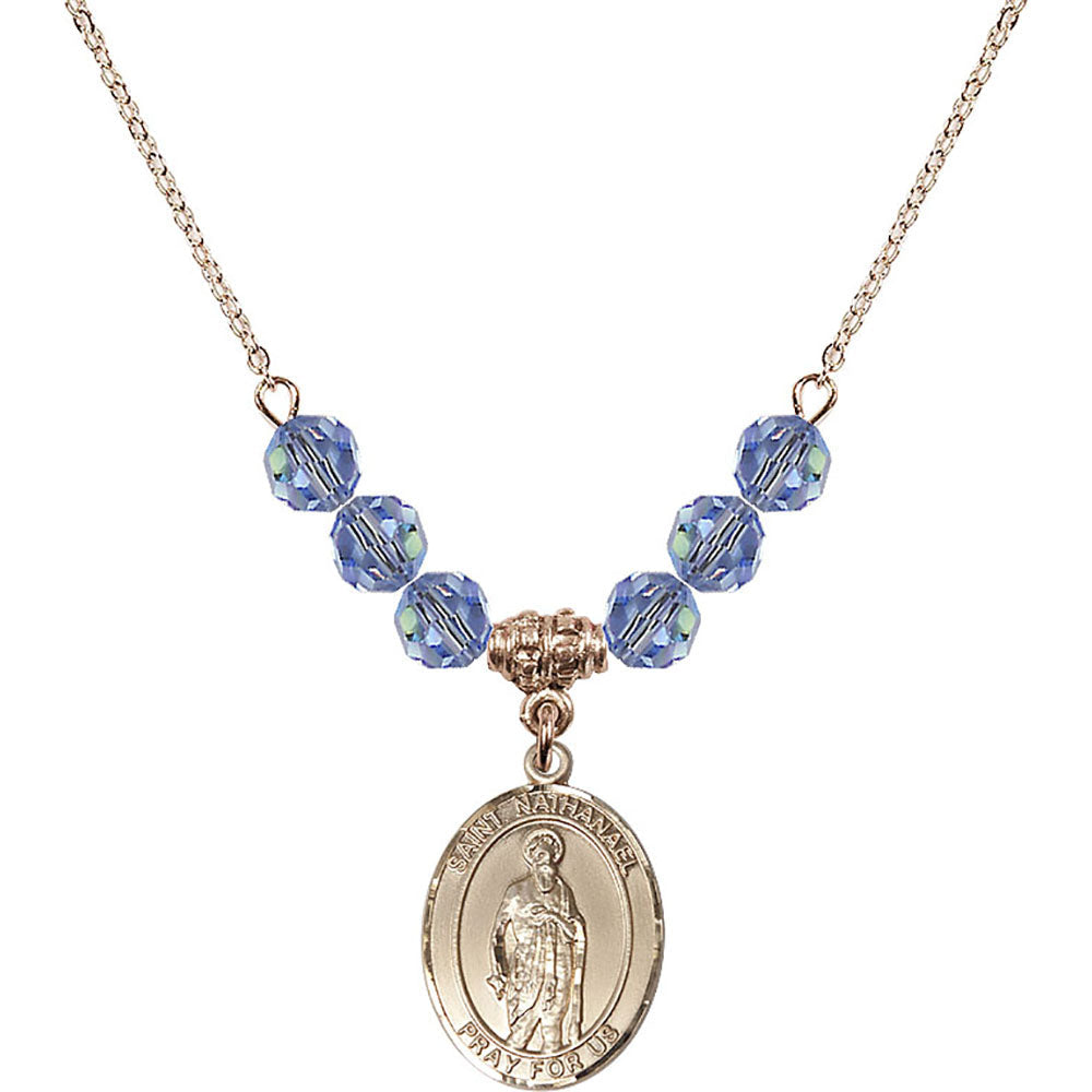 14kt Gold Filled Saint Nathanael Birthstone Necklace with Light Sapphire Beads - 8398