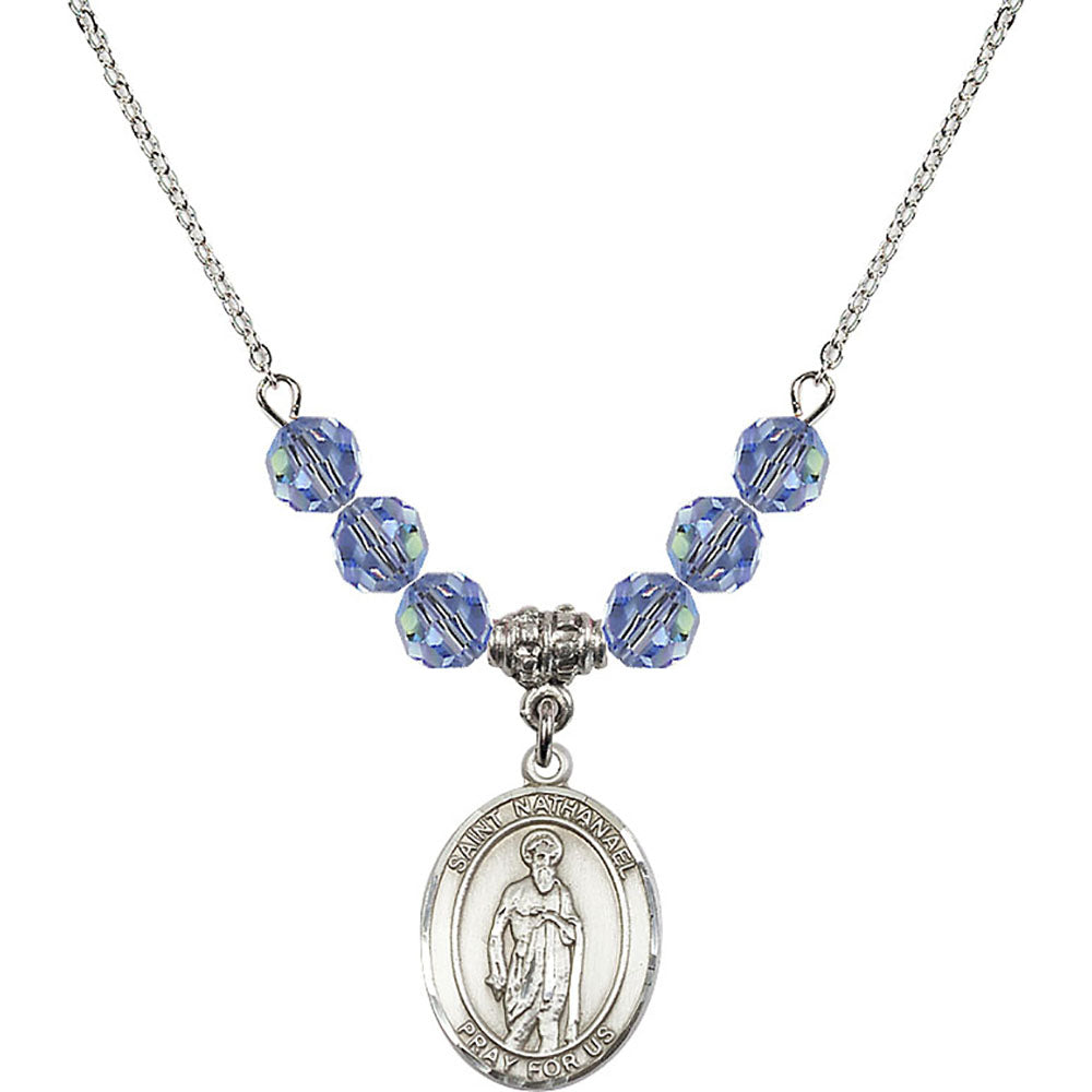 Sterling Silver Saint Nathanael Birthstone Necklace with Light Sapphire Beads - 8398