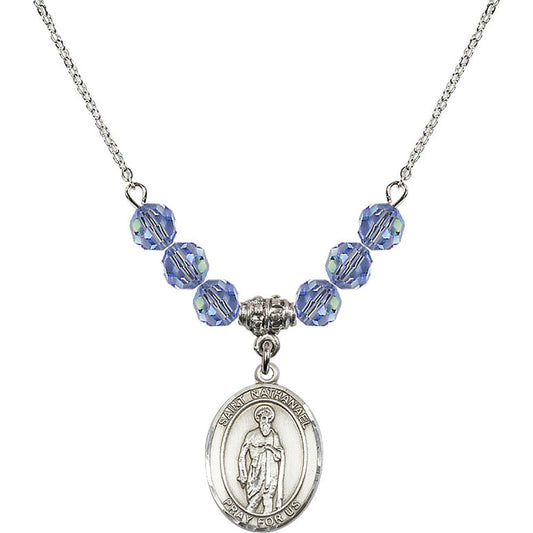 Sterling Silver Saint Nathanael Birthstone Necklace with Light Sapphire Beads - 8398