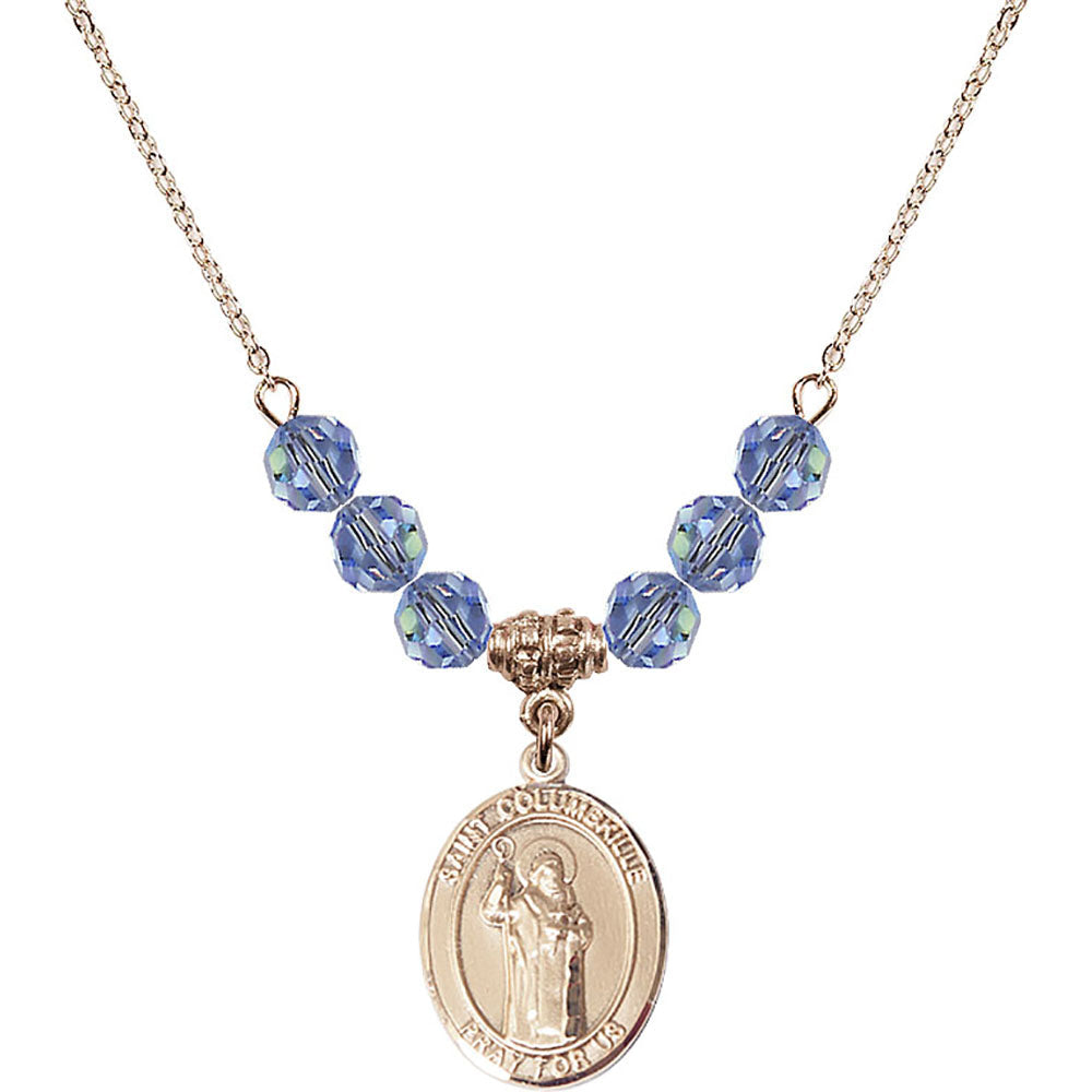 14kt Gold Filled Saint Columbkille Birthstone Necklace with Light Sapphire Beads - 8399