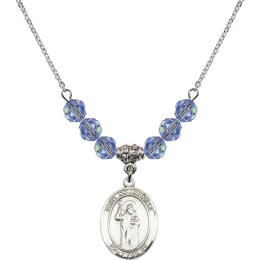 Sterling Silver Saint Columbkille Birthstone Necklace with Light Sapphire Beads - 8399