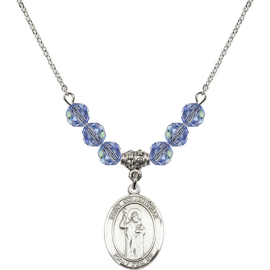 Sterling Silver Saint Columbkille Birthstone Necklace with Light Sapphire Beads - 8399