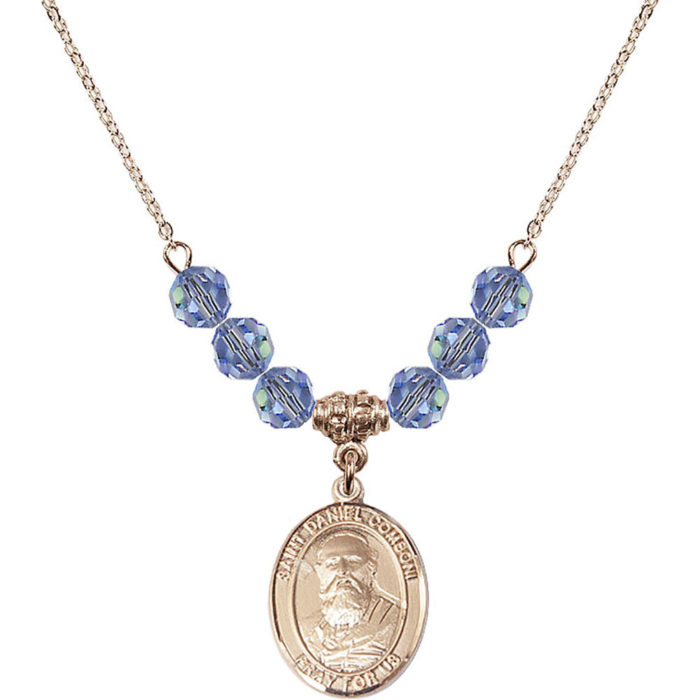 14kt Gold Filled Saint Daniel Comboni Birthstone Necklace with Light Sapphire Beads - 8400