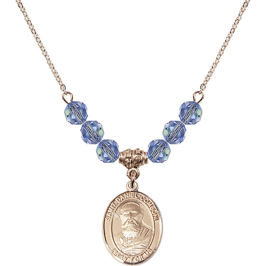 14kt Gold Filled Saint Daniel Comboni Birthstone Necklace with Light Sapphire Beads - 8400