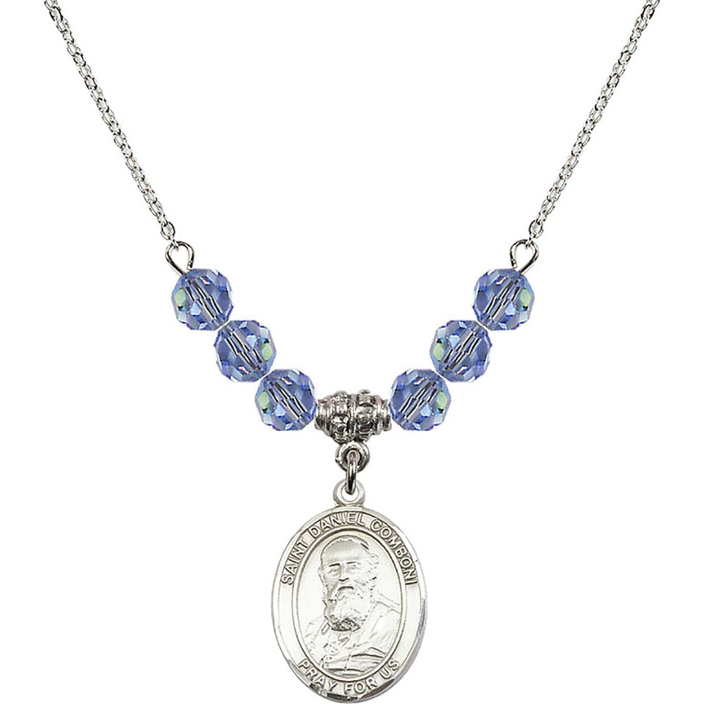 Sterling Silver Saint Daniel Comboni Birthstone Necklace with Light Sapphire Beads - 8400