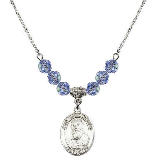 Sterling Silver Saint Daniel Comboni Birthstone Necklace with Light Sapphire Beads - 8400