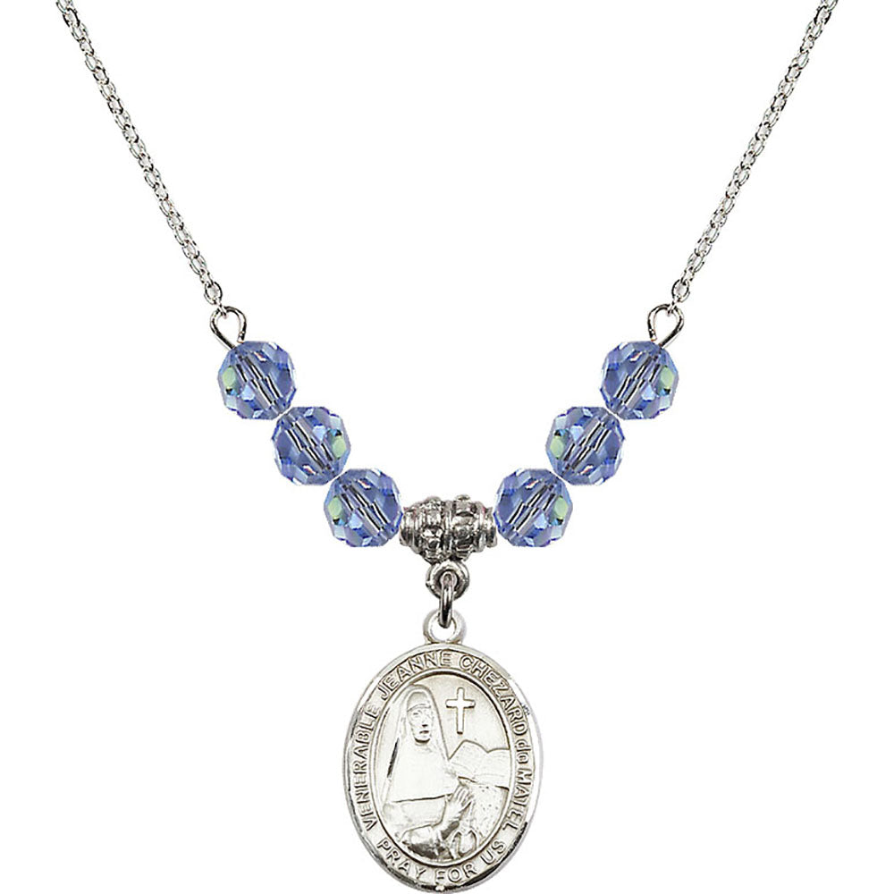 Sterling Silver Saint Jeanne Chezard de Matel Birthstone Necklace with Light Sapphire Beads - 8401