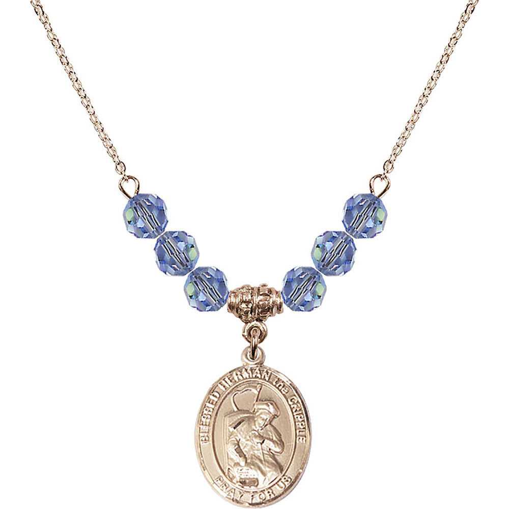 14kt Gold Filled Blessed Herman the Cripple Birthstone Necklace with Light Sapphire Beads - 8403