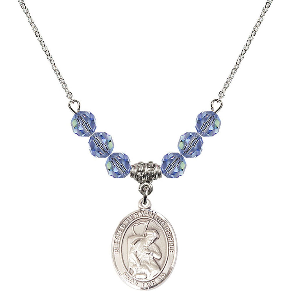 Sterling Silver Blessed Herman the Cripple Birthstone Necklace with Light Sapphire Beads - 8403