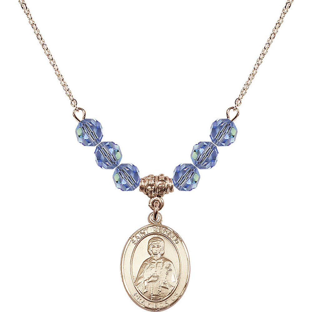 14kt Gold Filled Saint Gerald Birthstone Necklace with Light Sapphire Beads - 8404