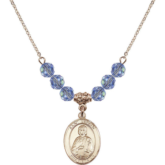 14kt Gold Filled Saint Gerald Birthstone Necklace with Light Sapphire Beads - 8404