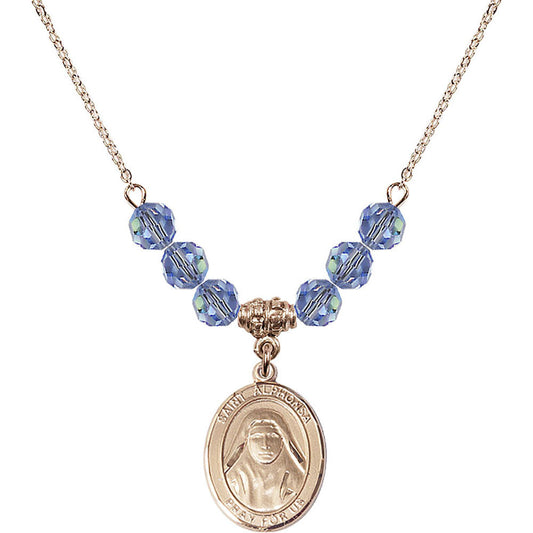 14kt Gold Filled Saint Alphonsa of India Birthstone Necklace with Light Sapphire Beads - 8406