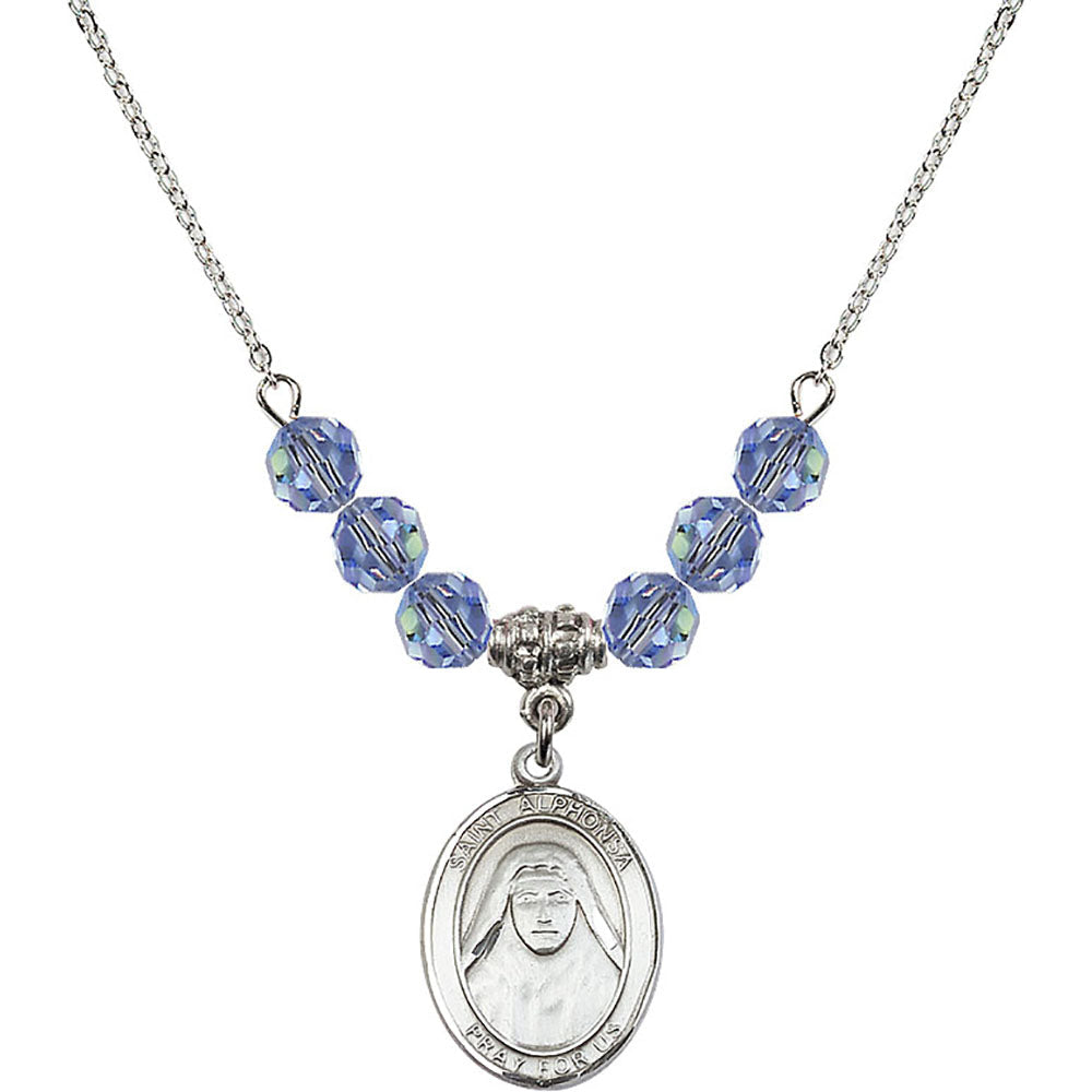 Sterling Silver Saint Alphonsa of India Birthstone Necklace with Light Sapphire Beads - 8406