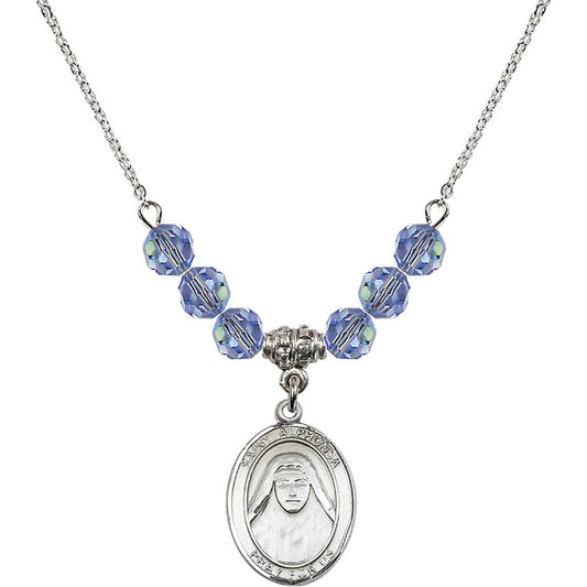 Sterling Silver Saint Alphonsa of India Birthstone Necklace with Light Sapphire Beads - 8406