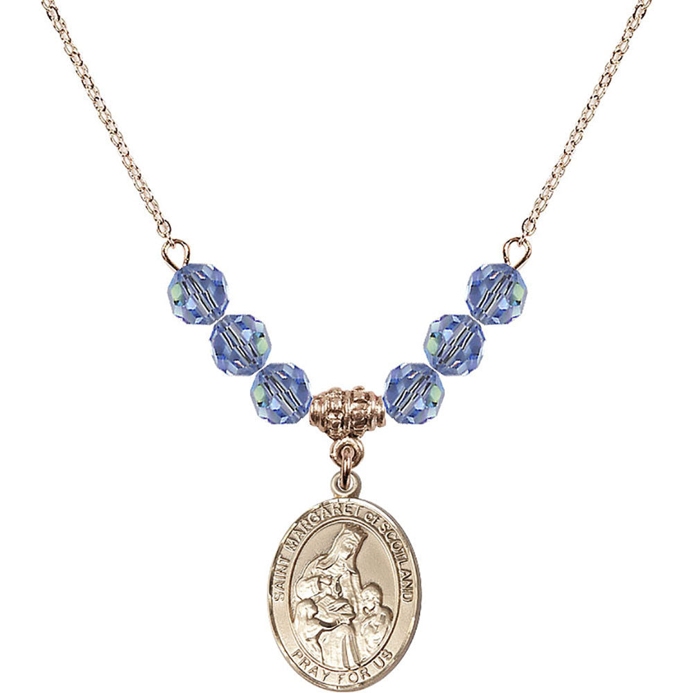 14kt Gold Filled Saint Margaret of Scotland Birthstone Necklace with Light Sapphire Beads - 8407