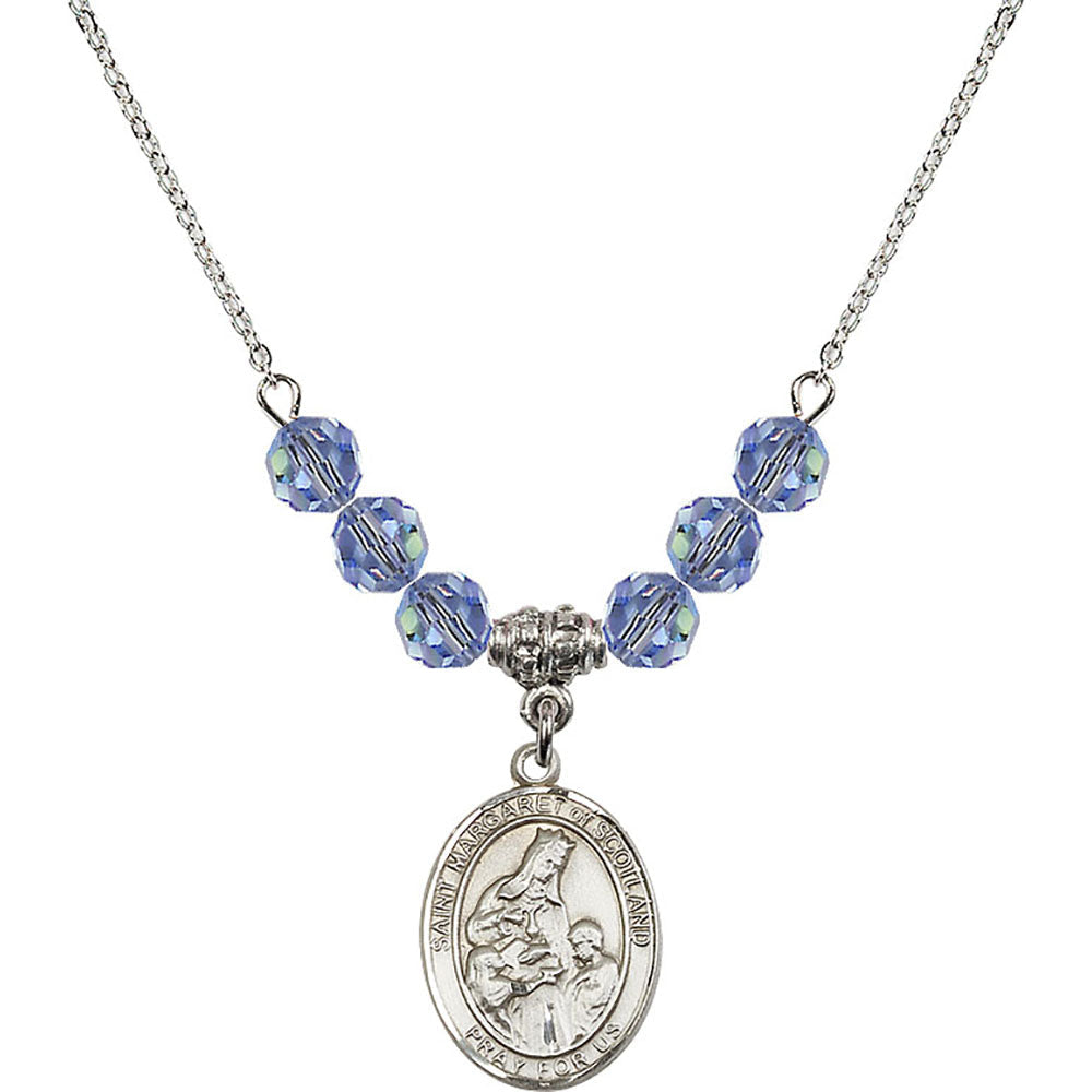 Sterling Silver Saint Margaret of Scotland Birthstone Necklace with Light Sapphire Beads - 8407