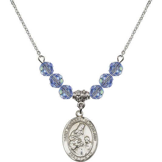 Sterling Silver Saint Margaret of Scotland Birthstone Necklace with Light Sapphire Beads - 8407