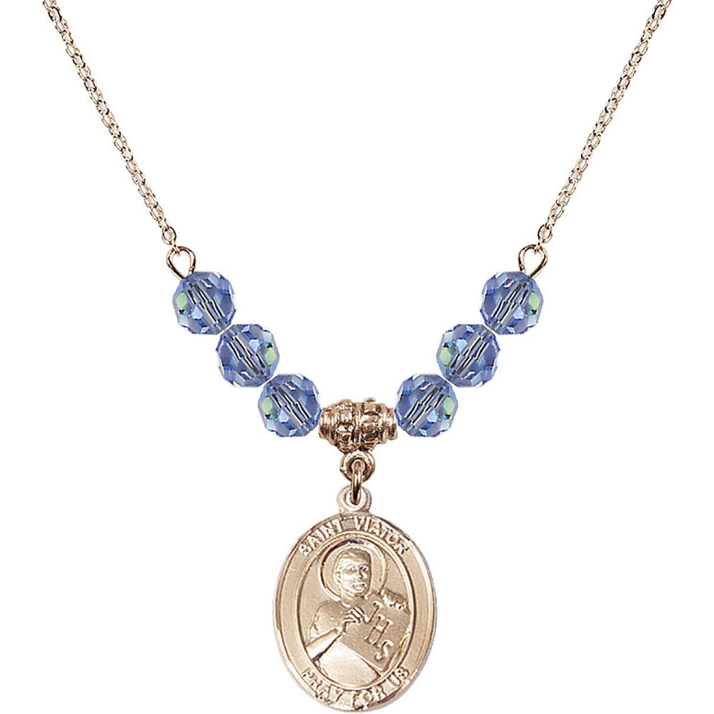 14kt Gold Filled Saint Viator of Bergamo Birthstone Necklace with Light Sapphire Beads - 8408
