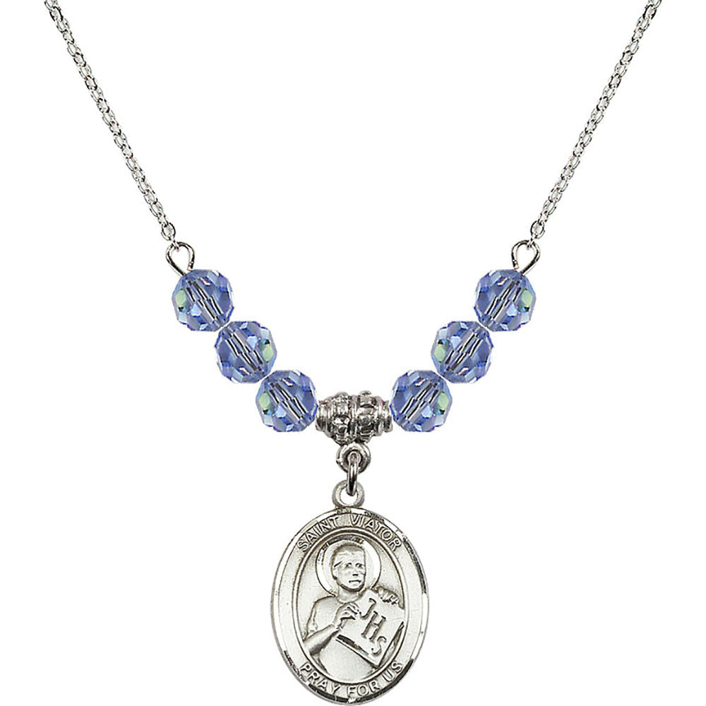 Sterling Silver Saint Viator of Bergamo Birthstone Necklace with Light Sapphire Beads - 8408