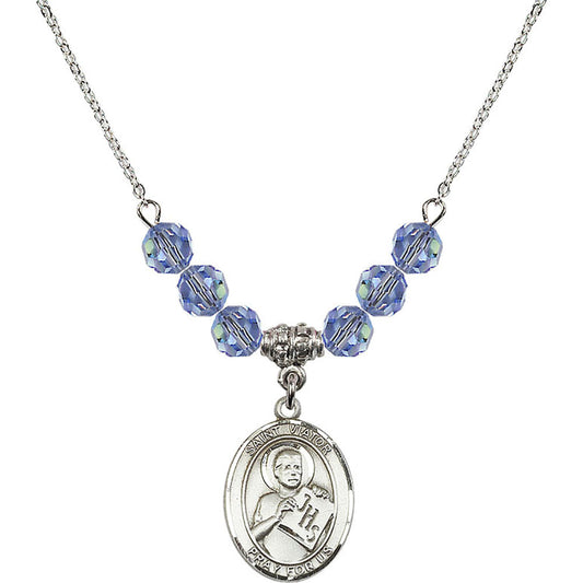 Sterling Silver Saint Viator of Bergamo Birthstone Necklace with Light Sapphire Beads - 8408