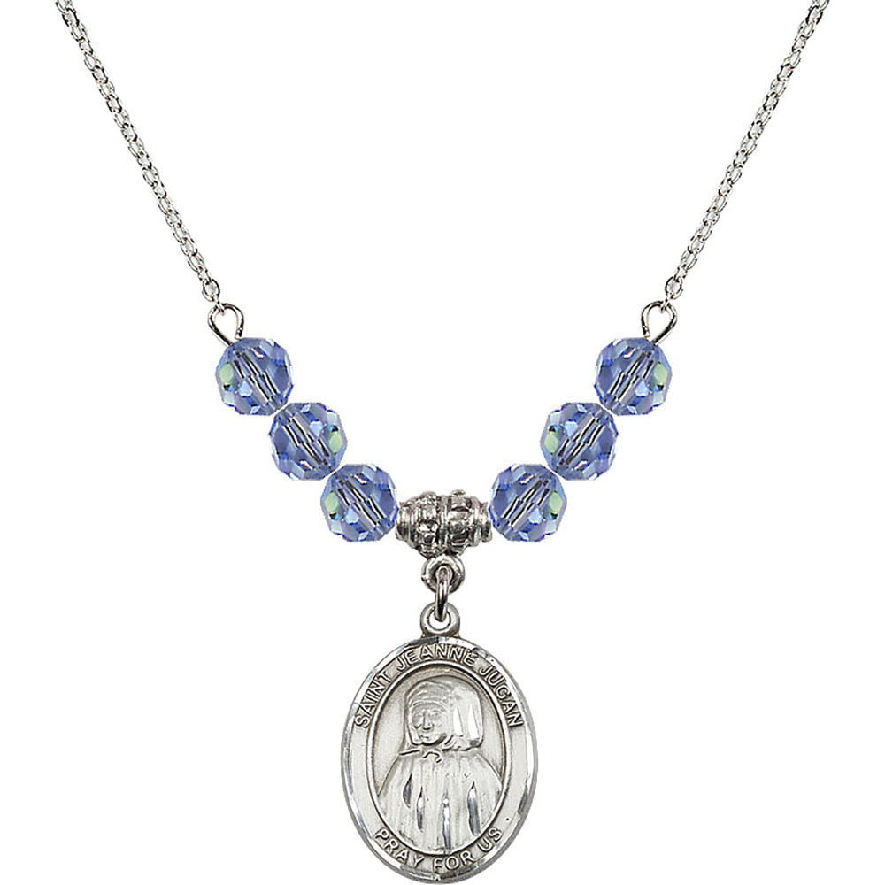 Sterling Silver Saint Jeanne Jugan Birthstone Necklace with Light Sapphire Beads - 8409