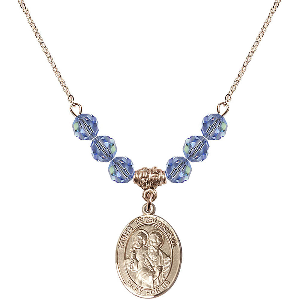 14kt Gold Filled Saints Peter & Paul Birthstone Necklace with Light Sapphire Beads - 8410