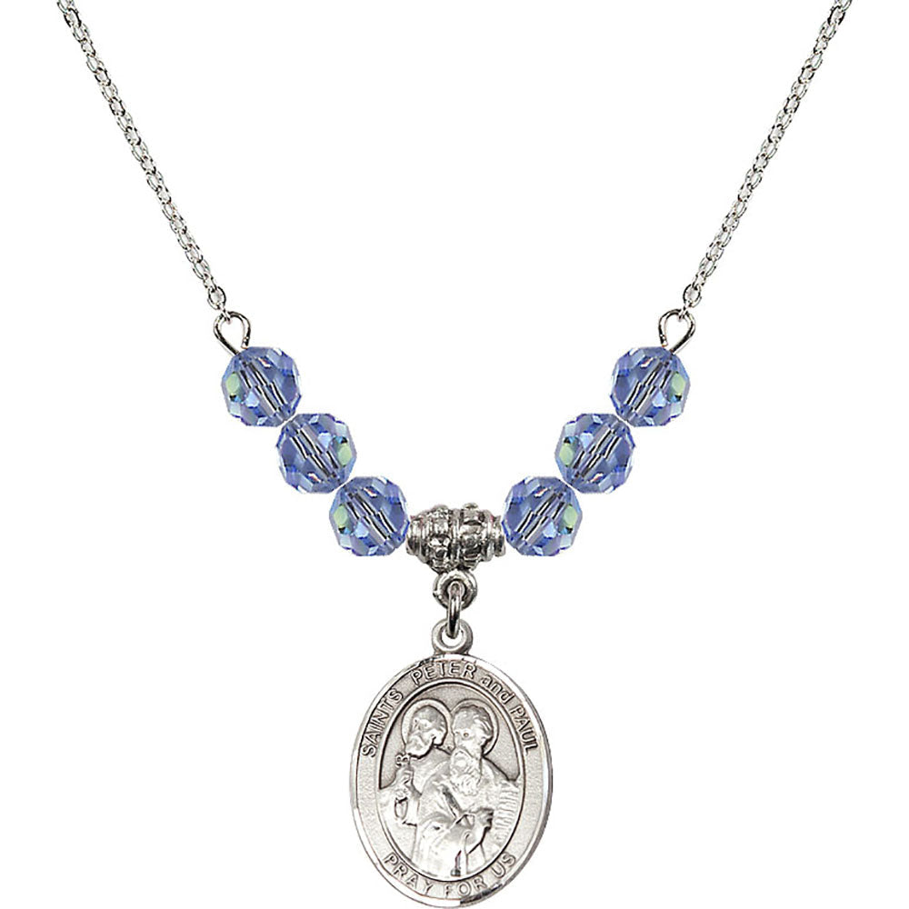 Sterling Silver Saints Peter & Paul Birthstone Necklace with Light Sapphire Beads - 8410