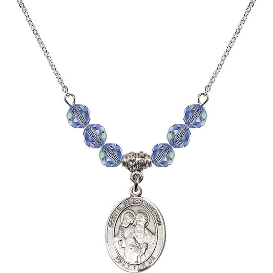 Sterling Silver Saints Peter & Paul Birthstone Necklace with Light Sapphire Beads - 8410
