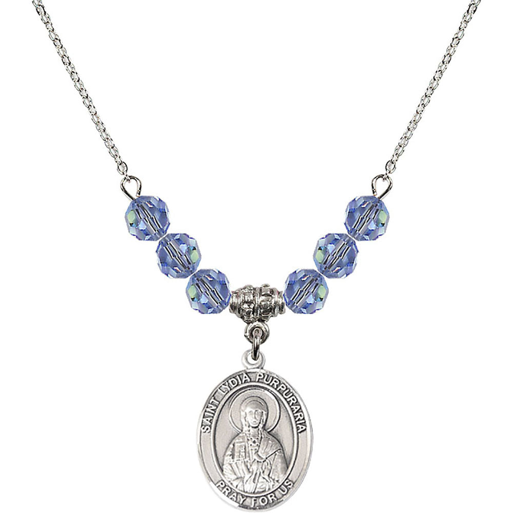 Sterling Silver Saint Lydia Purpuraria Birthstone Necklace with Light Sapphire Beads - 8411