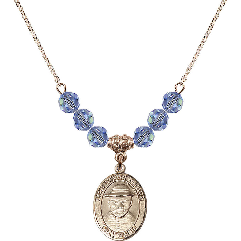 14kt Gold Filled Saint Damien of Molokai Birthstone Necklace with Light Sapphire Beads - 8412