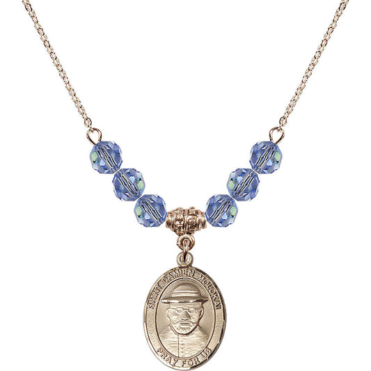 14kt Gold Filled Saint Damien of Molokai Birthstone Necklace with Light Sapphire Beads - 8412