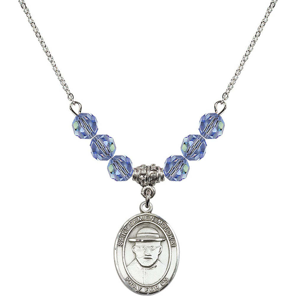Sterling Silver Saint Damien of Molokai Birthstone Necklace with Light Sapphire Beads - 8412