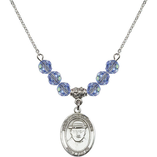 Sterling Silver Saint Damien of Molokai Birthstone Necklace with Light Sapphire Beads - 8412
