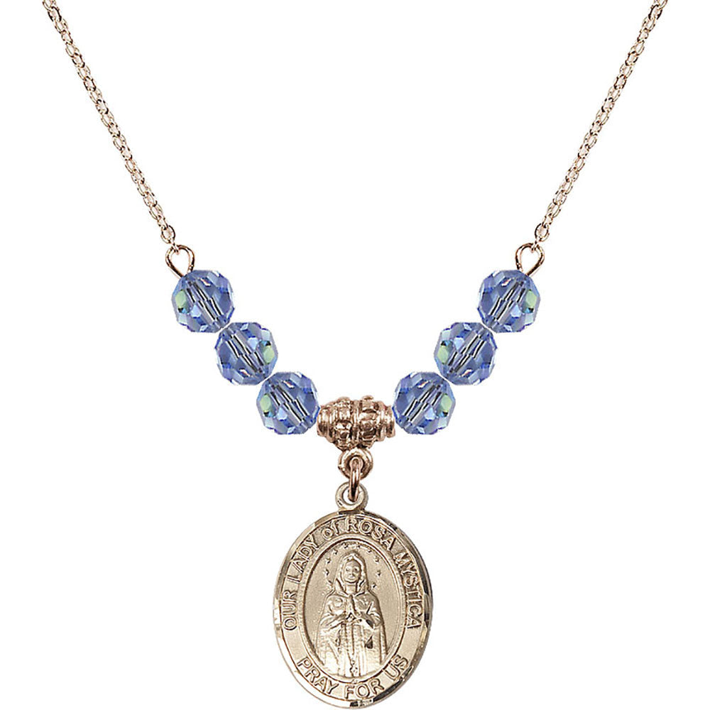 14kt Gold Filled Our Lady of Rosa Mystica Birthstone Necklace with Light Sapphire Beads - 8413