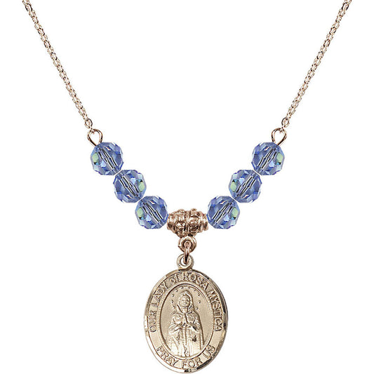 14kt Gold Filled Our Lady of Rosa Mystica Birthstone Necklace with Light Sapphire Beads - 8413