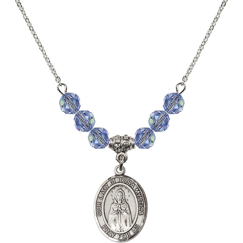 Sterling Silver Our Lady of Rosa Mystica Birthstone Necklace with Light Sapphire Beads - 8413