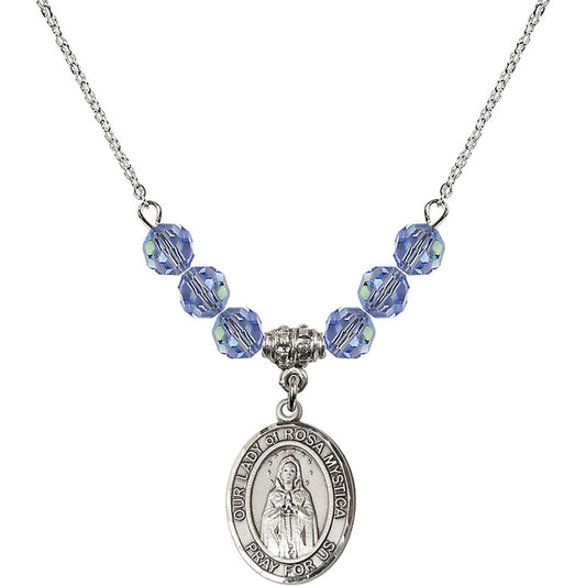 Sterling Silver Our Lady of Rosa Mystica Birthstone Necklace with Light Sapphire Beads - 8413